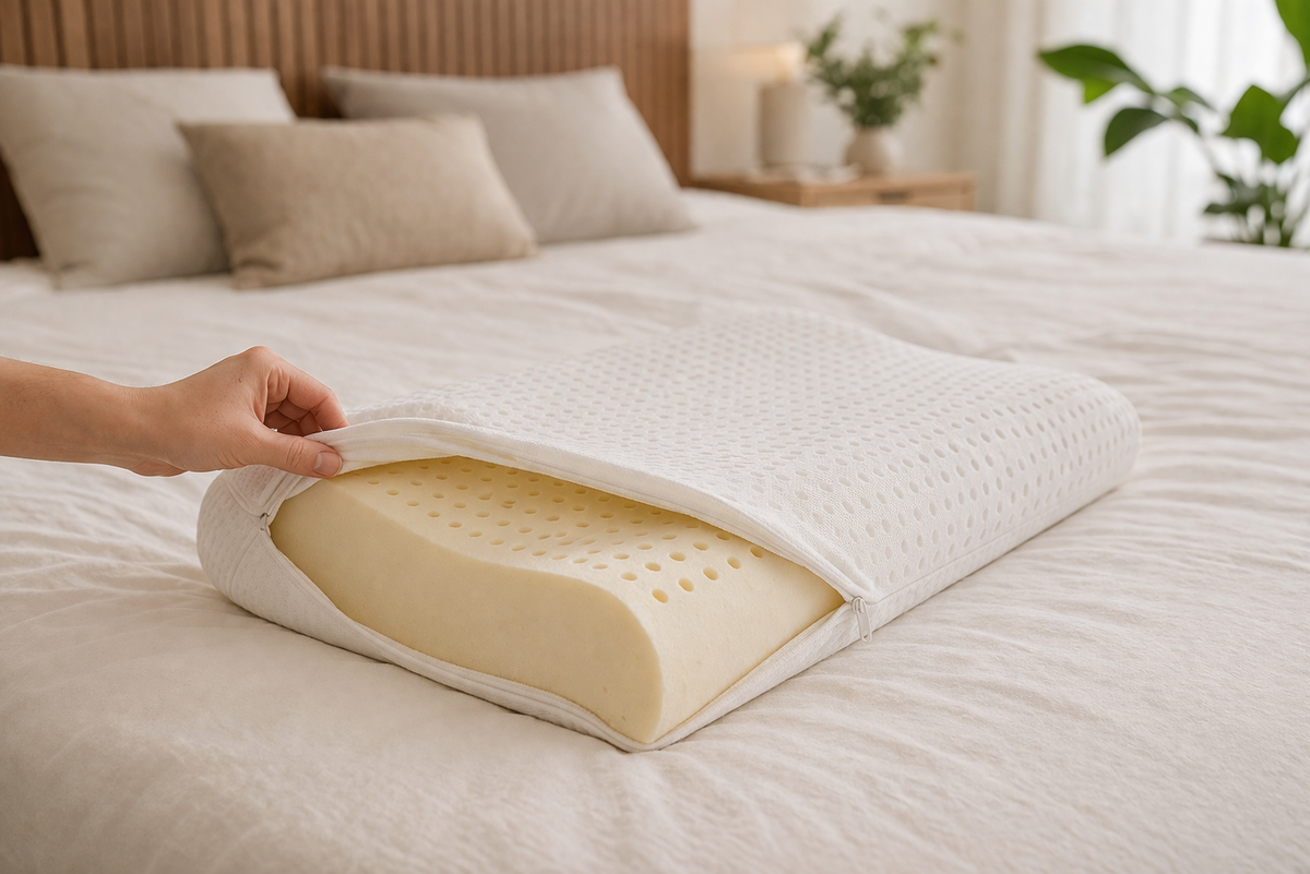 Oreiller ergonomique ouvert montrant son cœur en latex
