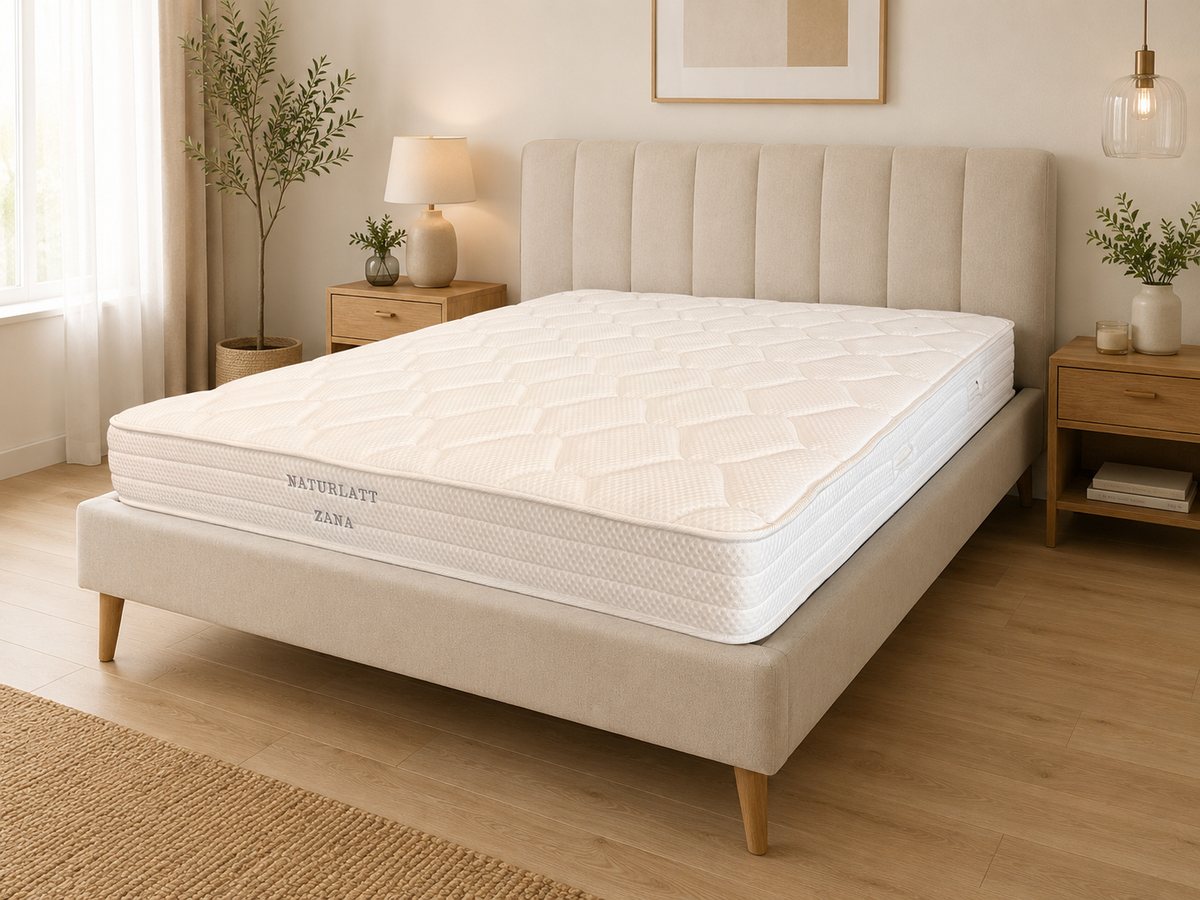 Matelas deux places dans une chambre avec tête de lit capitonnée